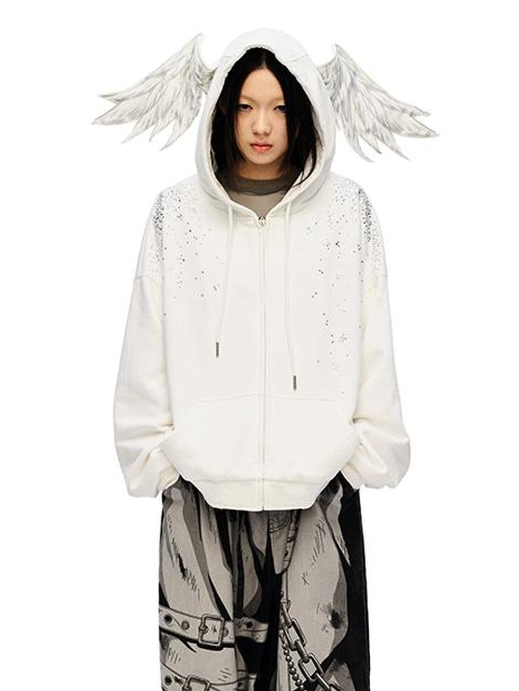 CFIERCE Sparkle Star Angel Hoodie V-Neck T-Shirt Long-Sleeve