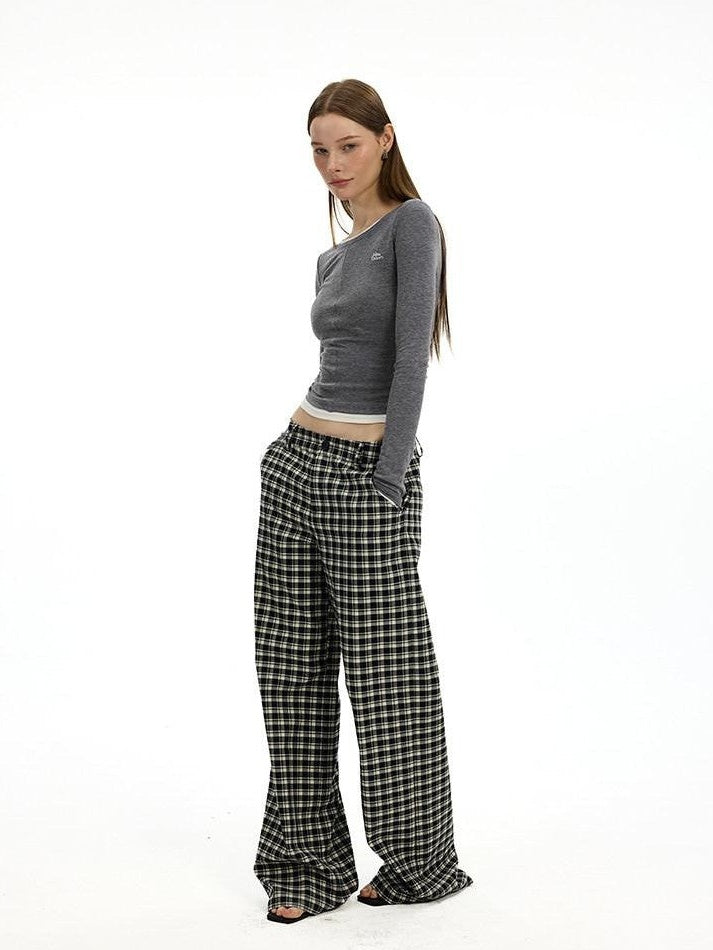 AFTADAWN Plaid Relaxed Mid Rise Natural Waist Pocketed Zip Fly Women&