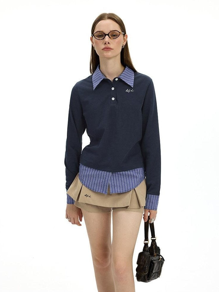 AFTADAWN Colorblock Faux Two Piece Polo Collar Striped Women&