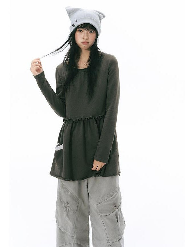 NAPSNAPS Rolled Edge Raw Hem Long Sleeve Round Neck Women&