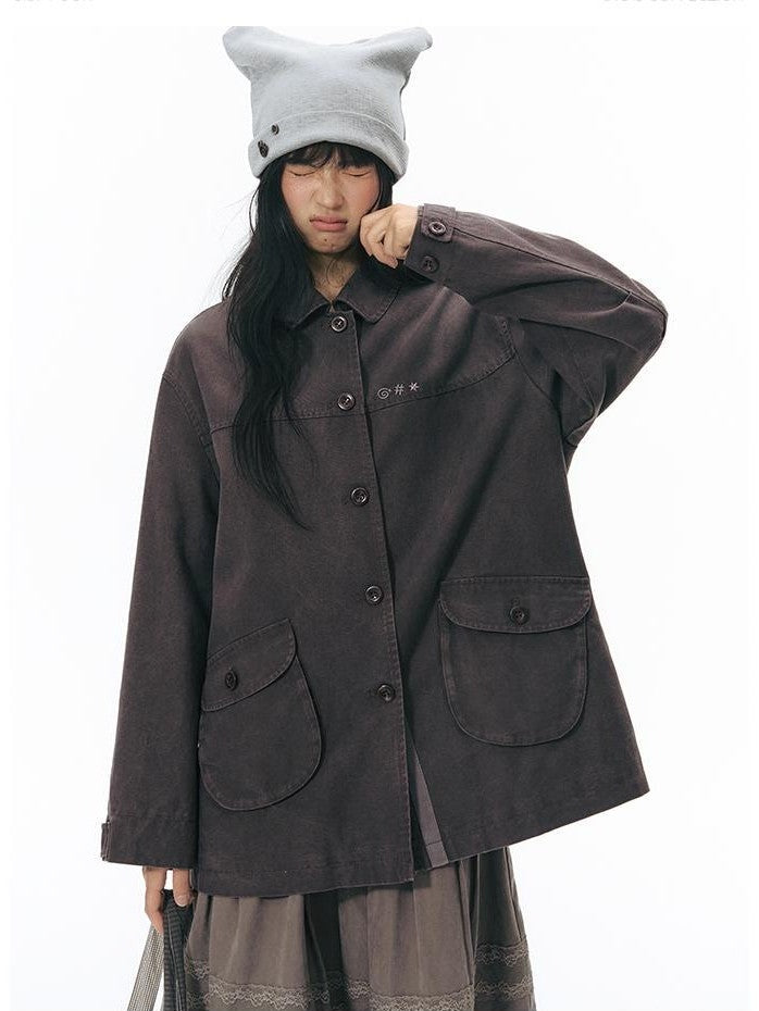 NAPSNAPS Chest Embroidered Vintage Loose Fit Cotton Women&