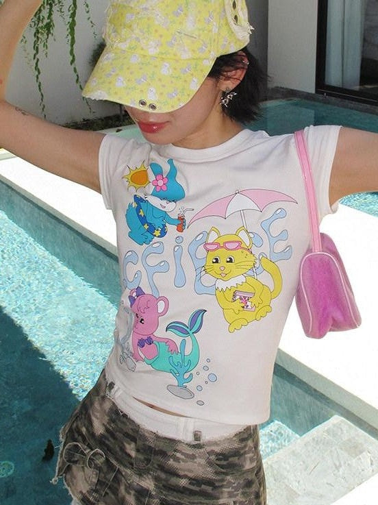 CFIERCE Animal Pool Party Print Slim Short Sleeve Women&