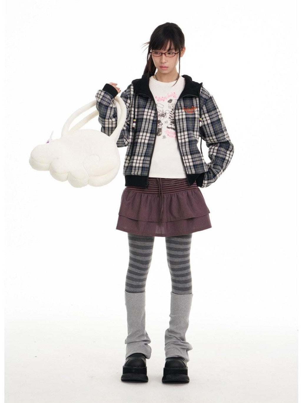 BETWEENAND Black Plaid Reversible Hooded Women&