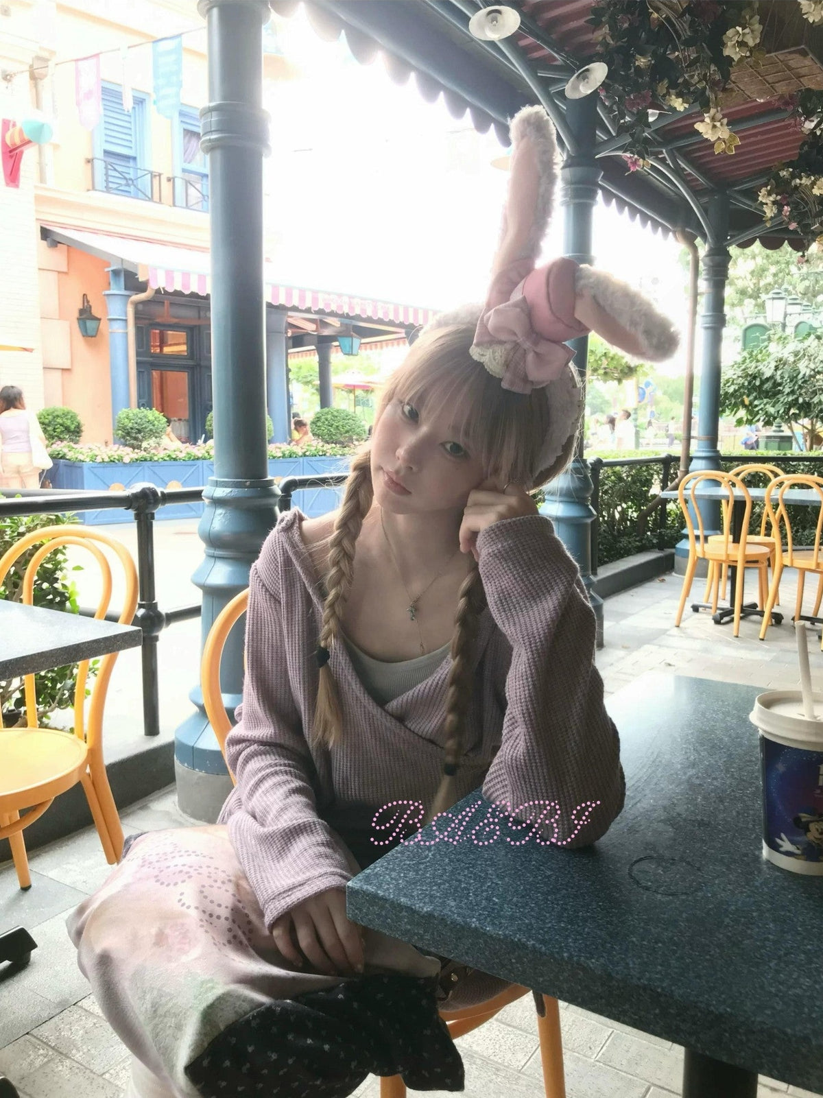 bae bi Bunny Ears Cross Neck Handstitched Lace Bow Women&