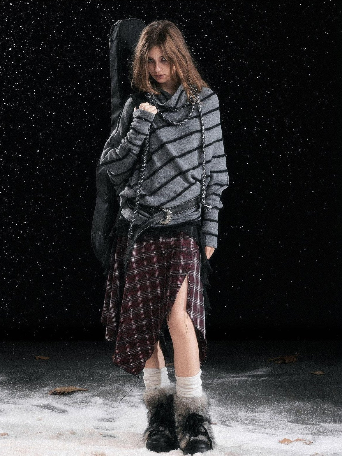 Cest Nous Cozy Thick Oversized Batwing High Neck Striped Tie Knit Pullover Sweater