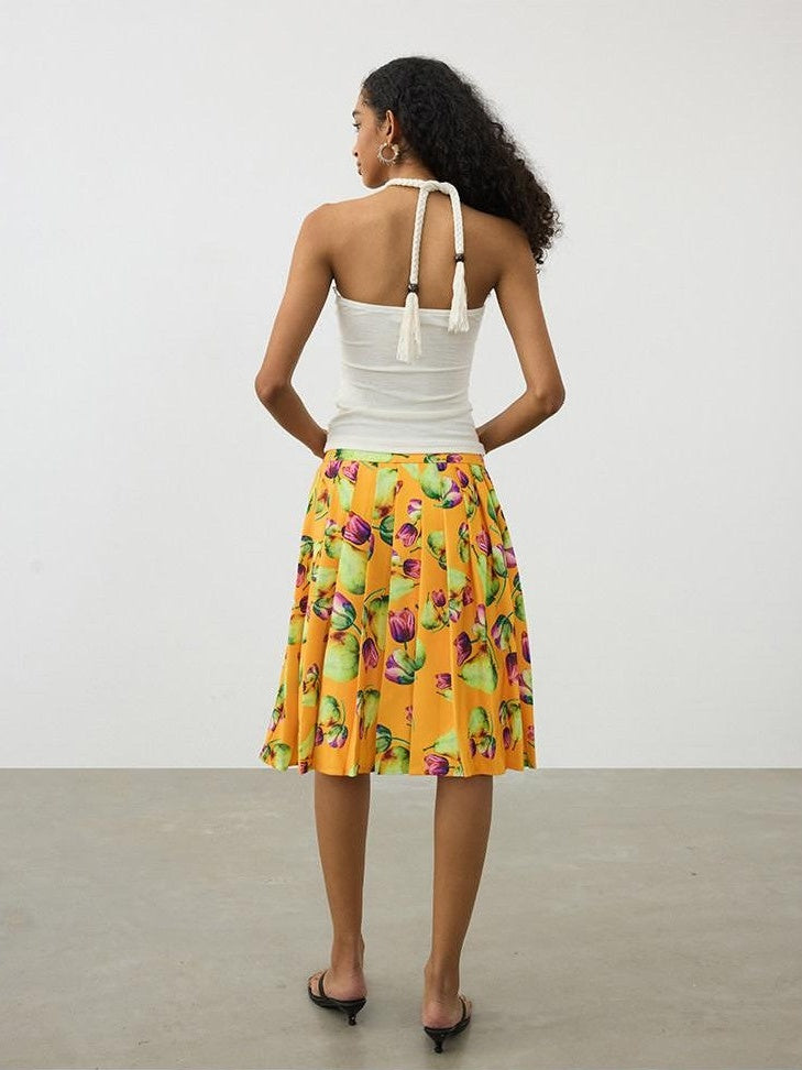 AFTADAWN Tropical Orange Printed Pleated A Line High Waist Women&