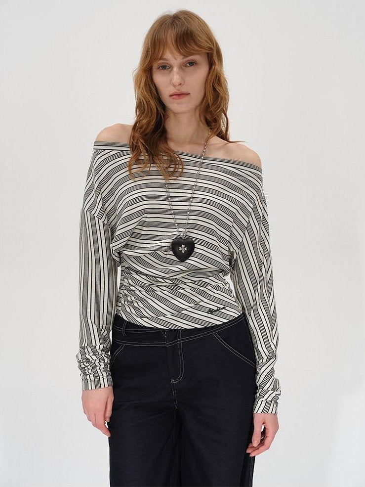 AFTADAWN Ruched Asymmetric Neck Striped Women&