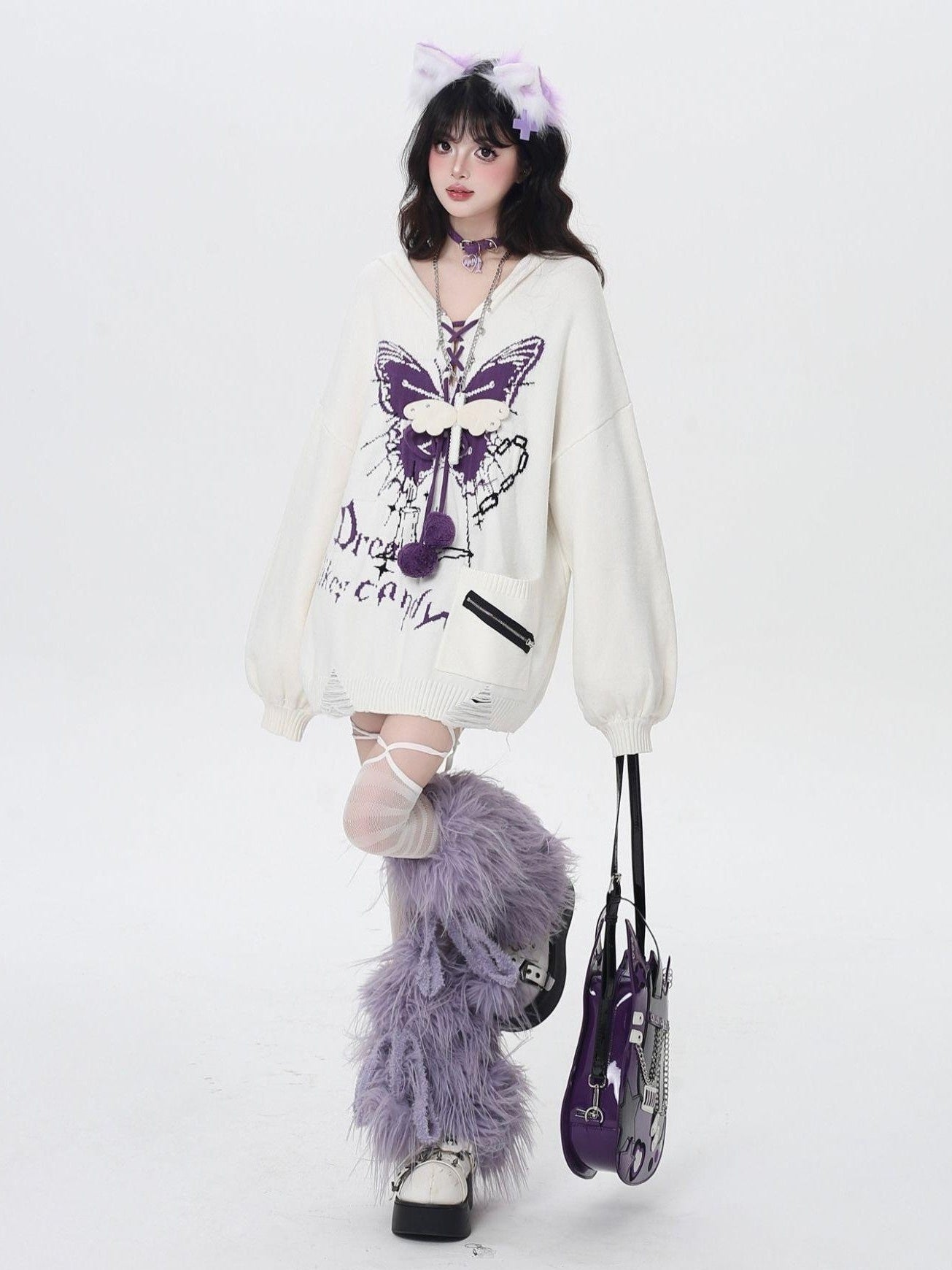 Crazy Girl Butterfly Bow V-neck Hooded Lantern Sleeve Loose Women&