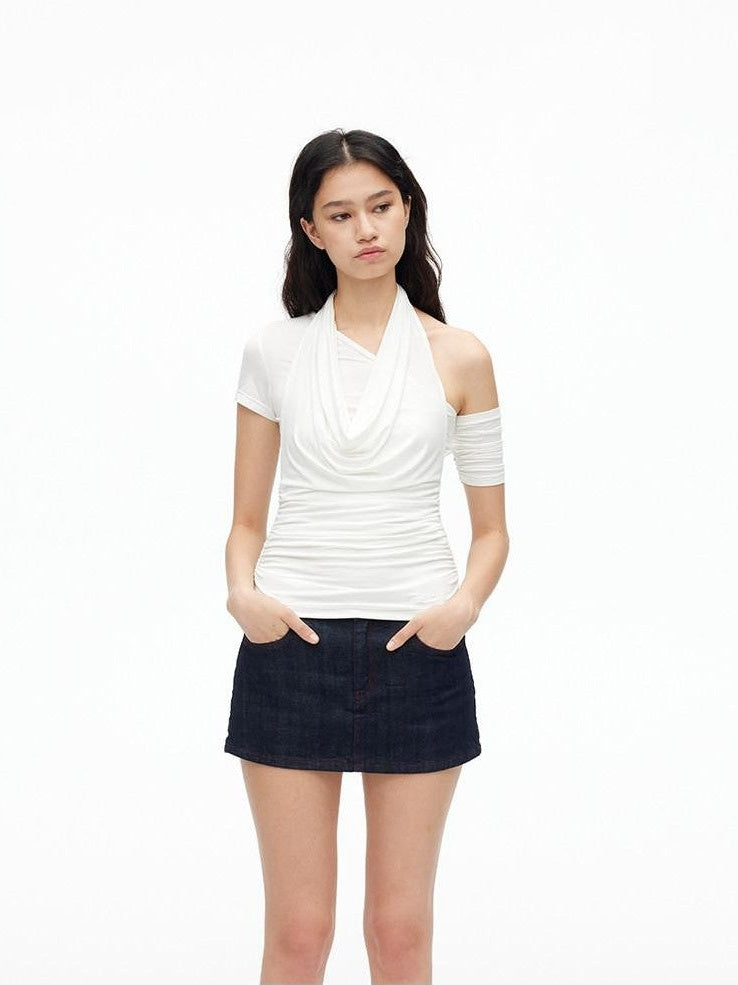 AFTADAWN Solid Ruched Halter Slanted Shoulder Women&
