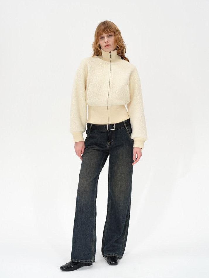AFTADAWN Ivory Ribbed Knit Zip Stand Collar Women&