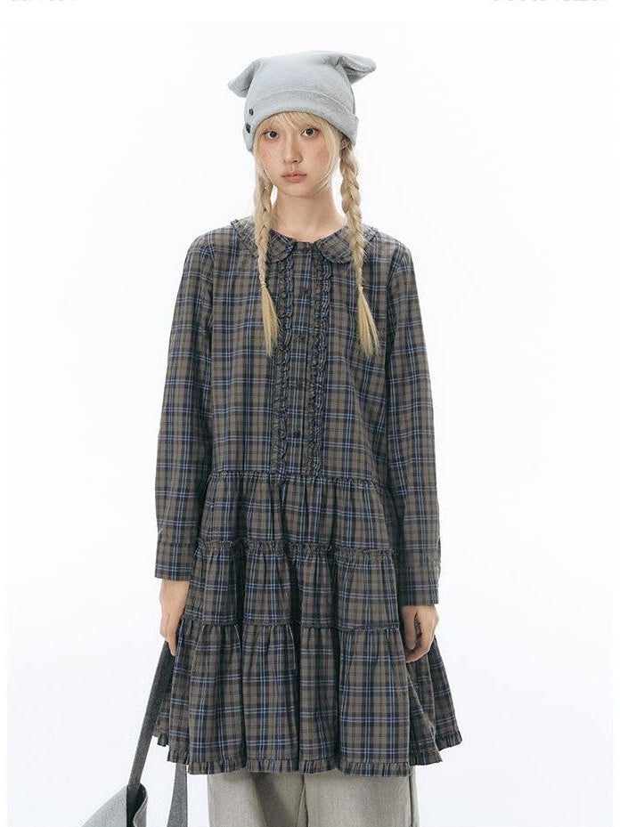 NAPSNAPS Plaid Doll Collar Ruffled Long Sleeve Women&