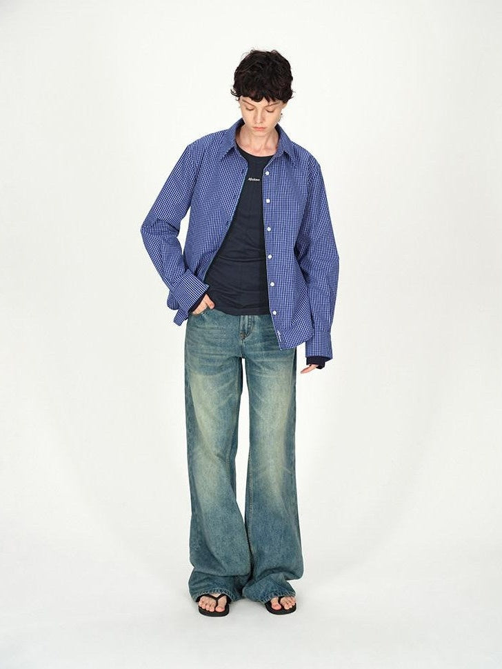 AFTADAWN Contrast Fine Check Oversized Button Polo Collar Women&