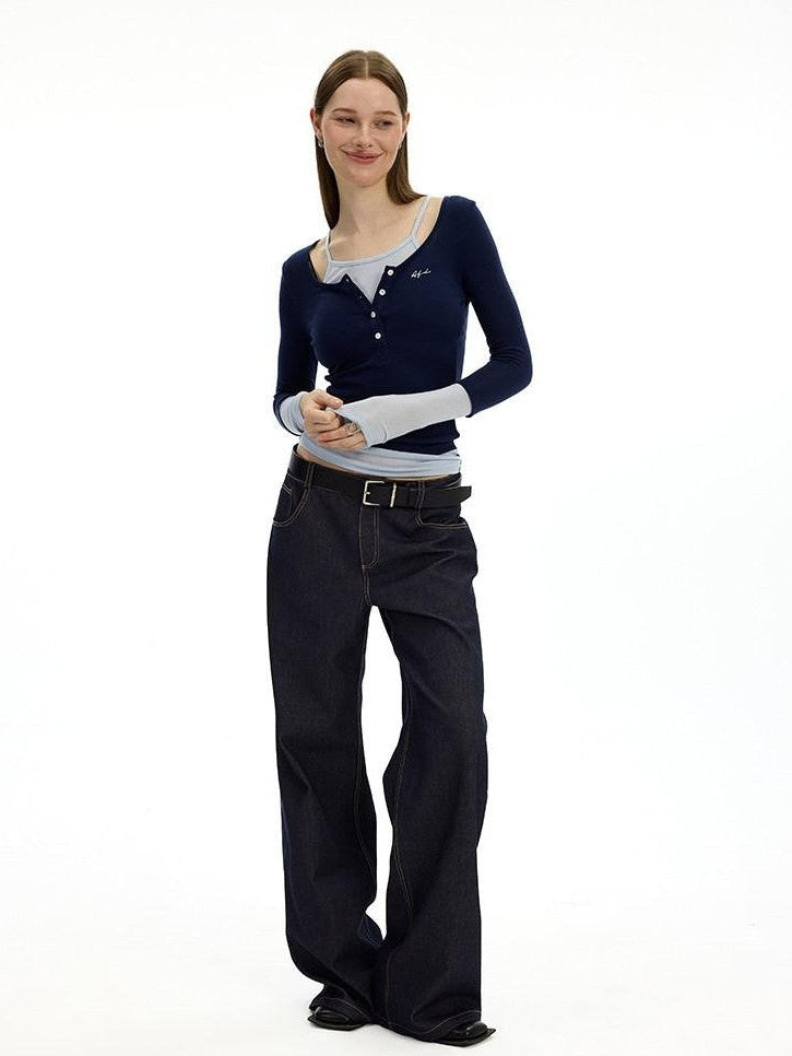 AFTADAWN Denim Blue Back Pocket Logo Embroidery Women&