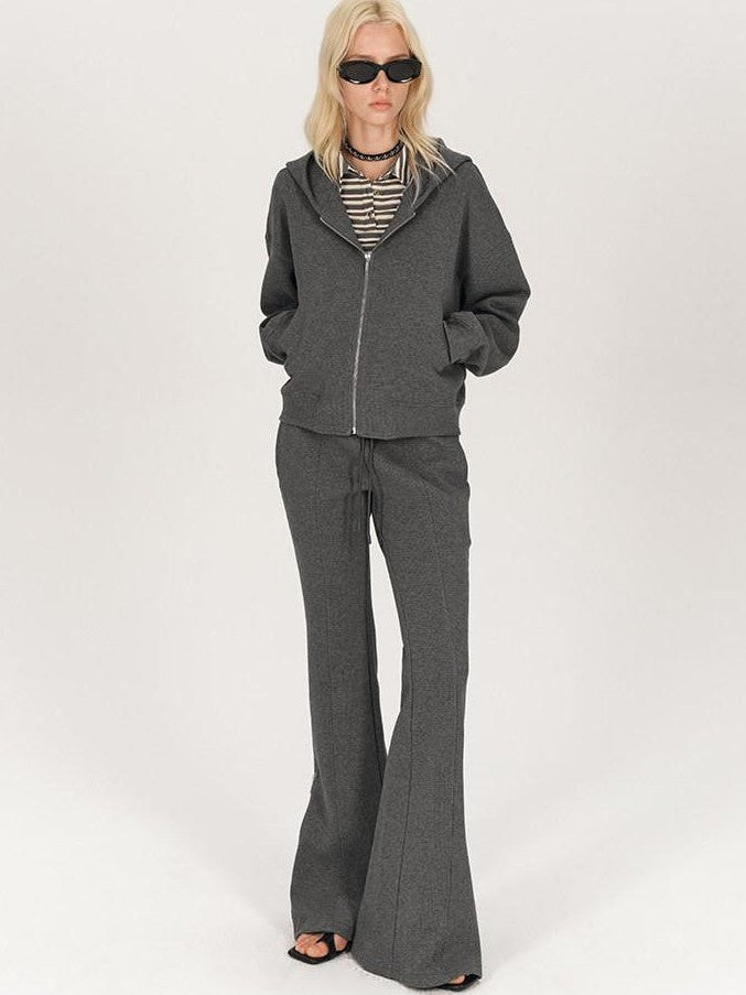 AFTADAWN Solid Hooded Zip Jacket Micro Flare Pants Women&