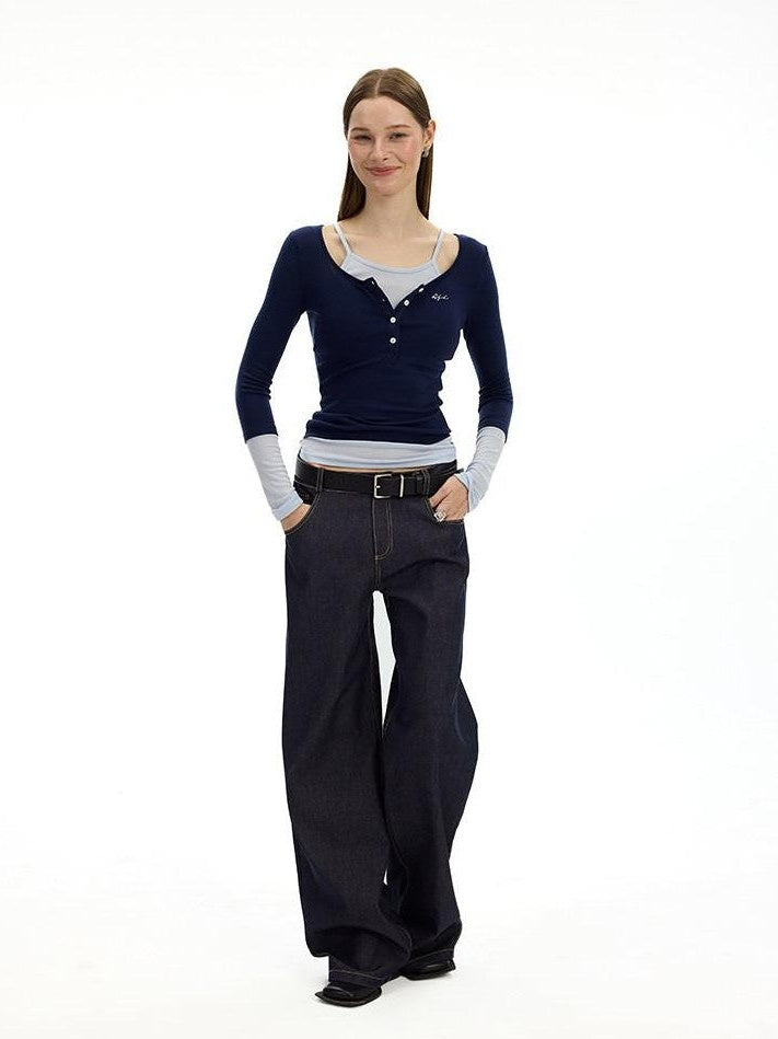 AFTADAWN Denim Blue Back Pocket Logo Embroidery Women&