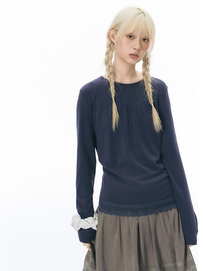 NAPSNAPS Lace Trim Splice Knit Round Neck Women&