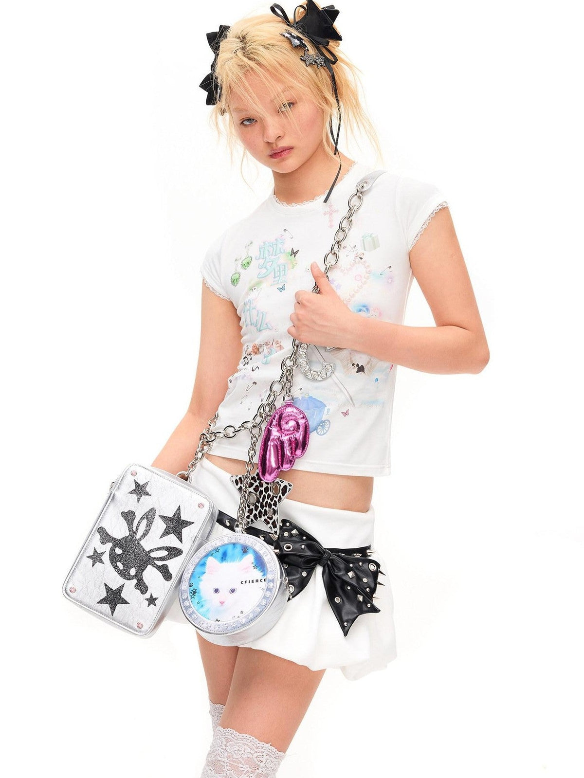 CFIERCE Studded Bow Puff 3D Embellished High Waist Women&