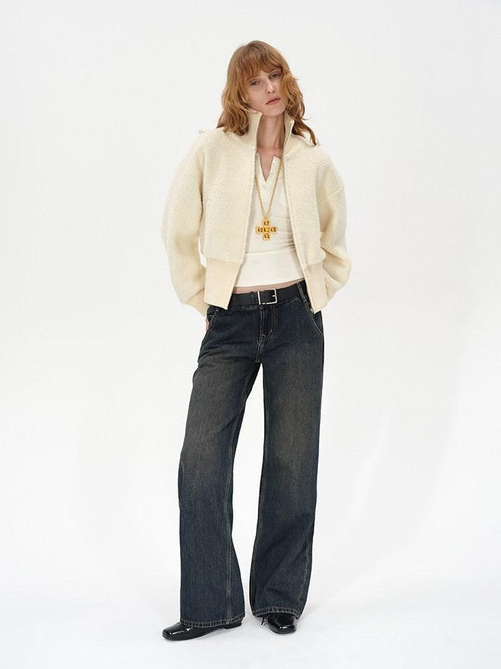 AFTADAWN Ivory Ribbed Knit Zip Stand Collar Women&