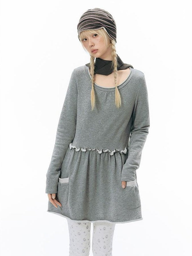 NAPSNAPS Rolled Edge Raw Hem Long Sleeve Round Neck Women&