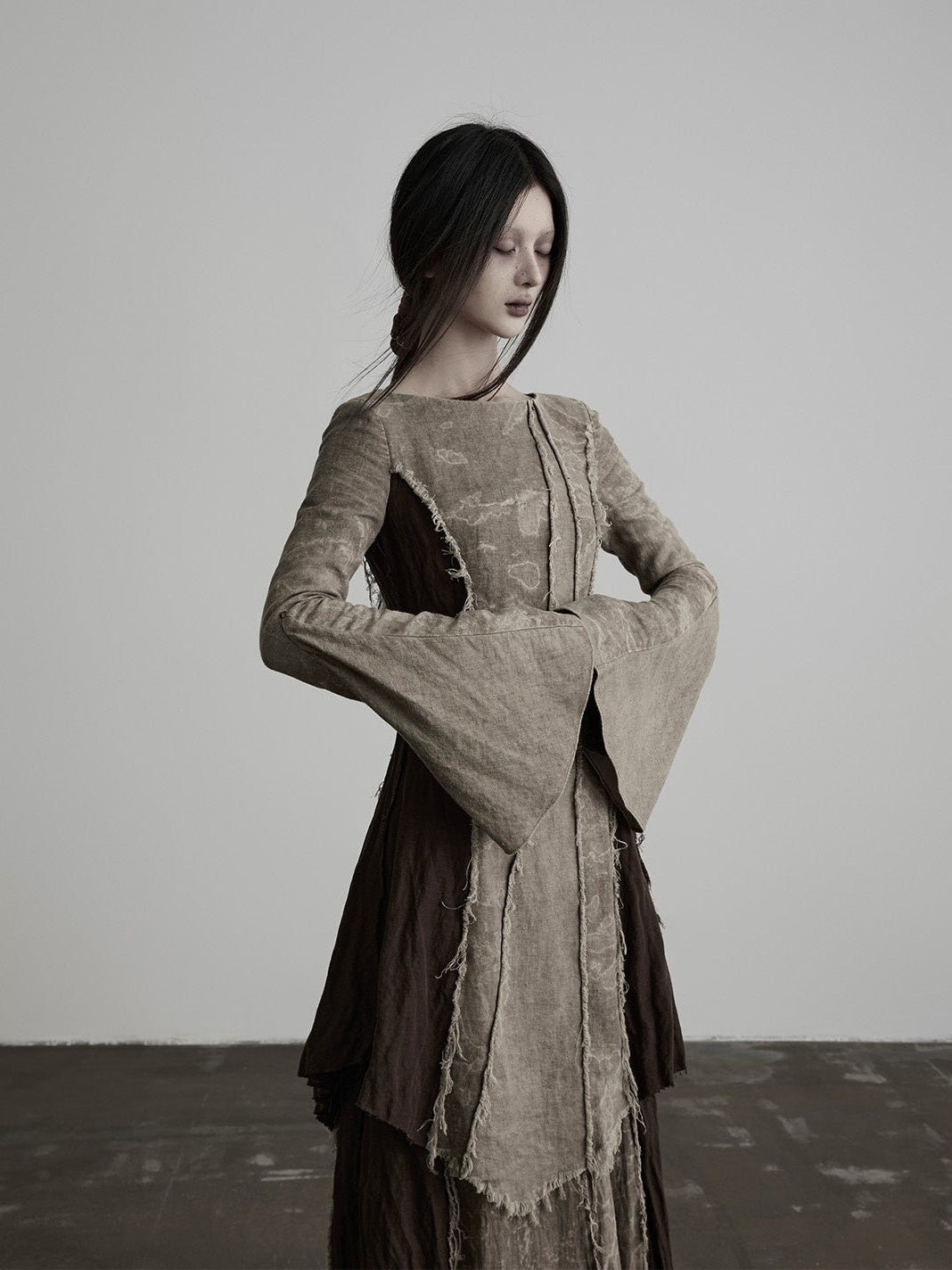 INDULGE_Hand_Dyed_Raw_Edge_Spliced_Flared_Sleeve_Women&