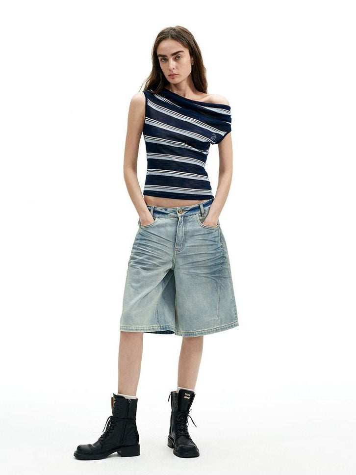 AFTADAWN Sheer Pleated Wide Stripe Multiway Off Shoulder Women&