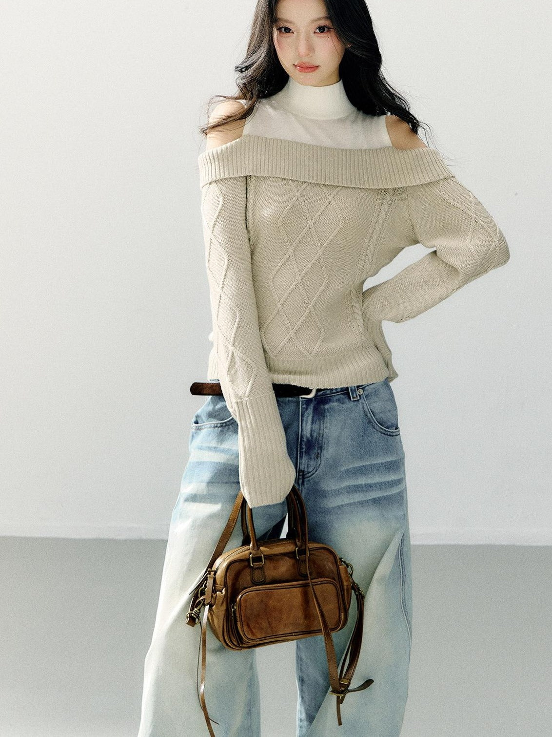 7Shiftin Faux Layer Halter Neck Relaxed Slim Fit Women Campus Knit Pullover Sweaters