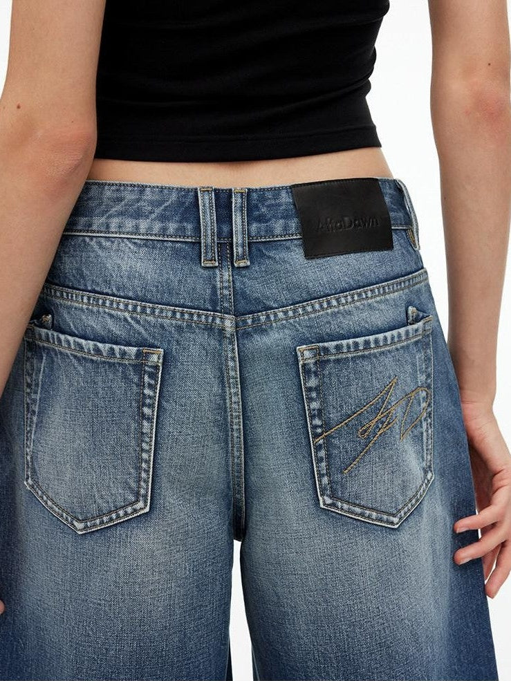 AFTADAWN Deep Blue Vintage Washed Distressed 3d Whisker Women&