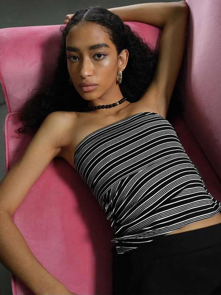 AFTADAWN Striped Asymmetric Ruched Waist Cinched Women&