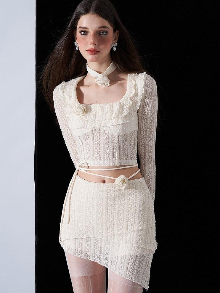 AFTADAWN Eden Rose Lace Square Neck Cropped Women&