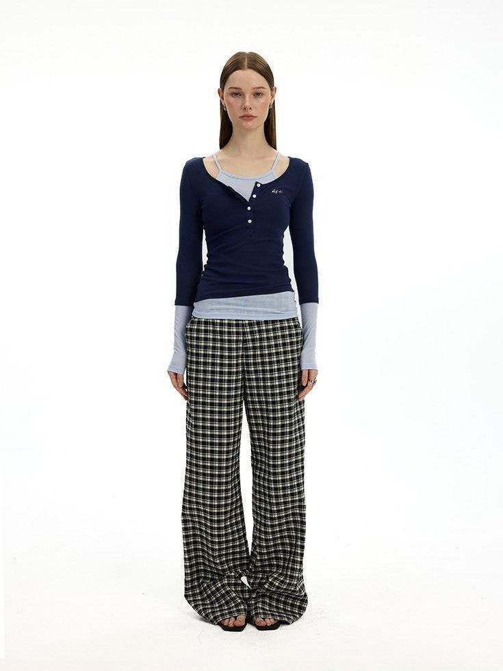 AFTADAWN Colorblock Faux Two Piece Henley Women&