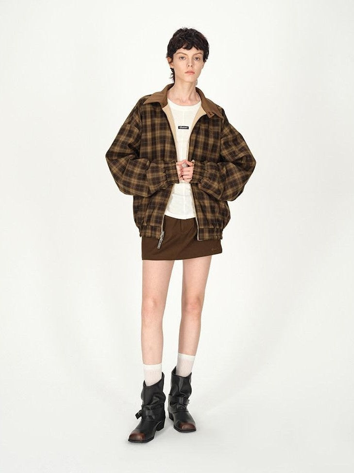 AFTADAWN Contrast Leather Collar Embroidered Reversible Plaid Women&
