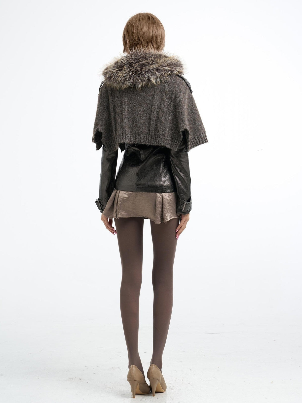 Flowers birds Market Detachable Fur Collar Double Zip Print Pu Women&