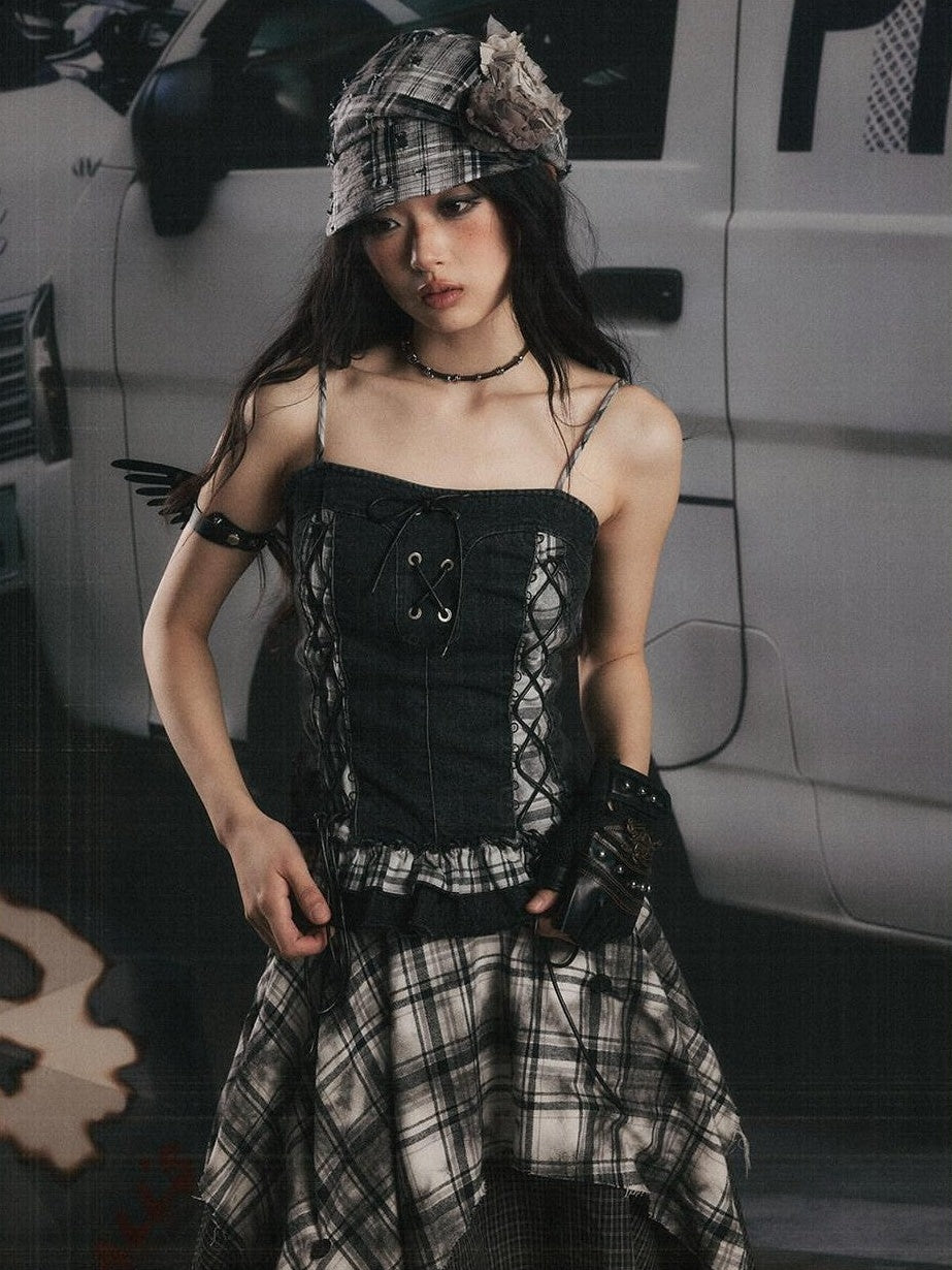 ALL iN plan Plaid Patchwork Ruffle Tie Front Mid Length Women&