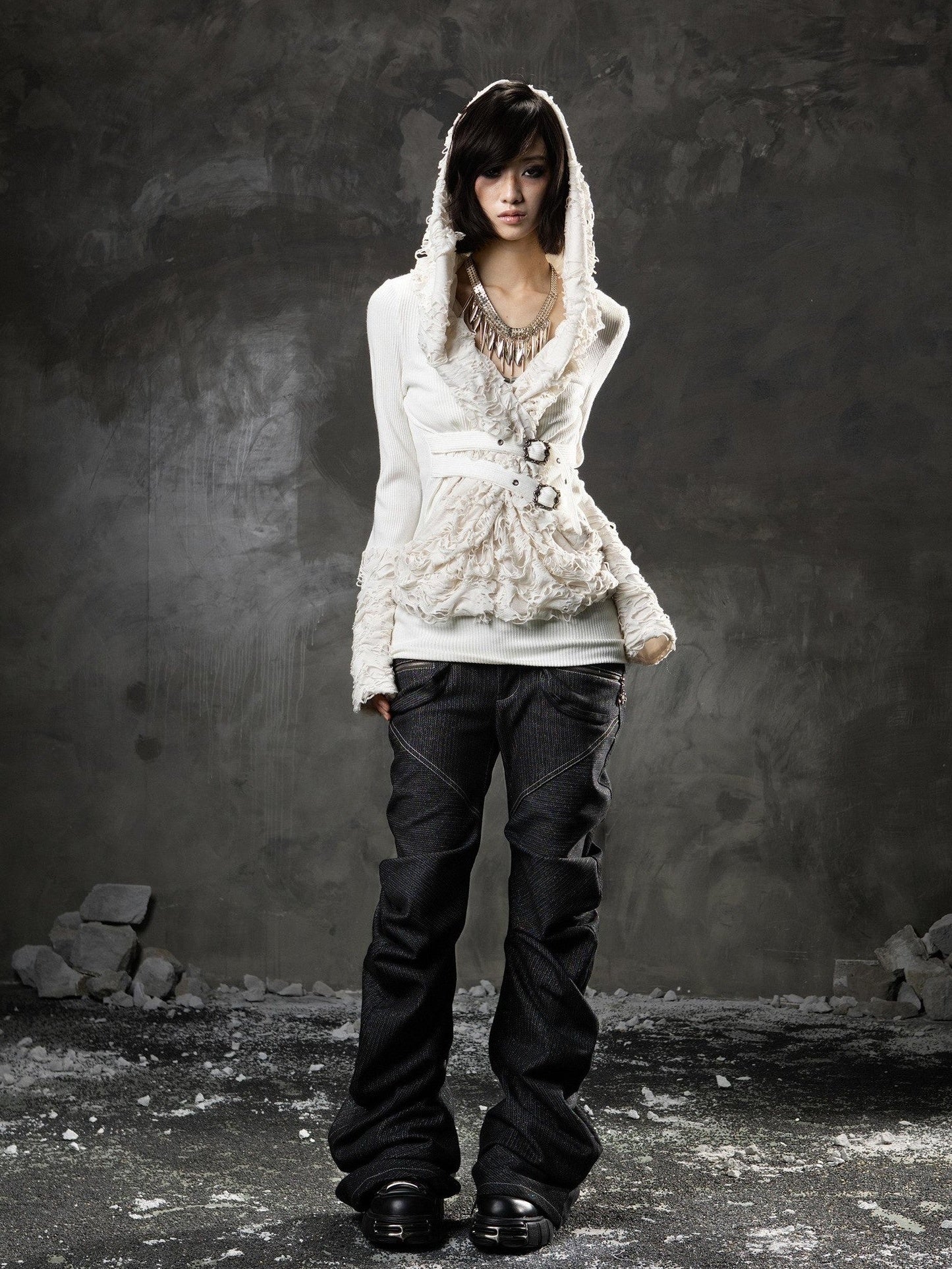 ARIADNAw Black Denim Punk Double Waistband Curved Stacked Texture Women&