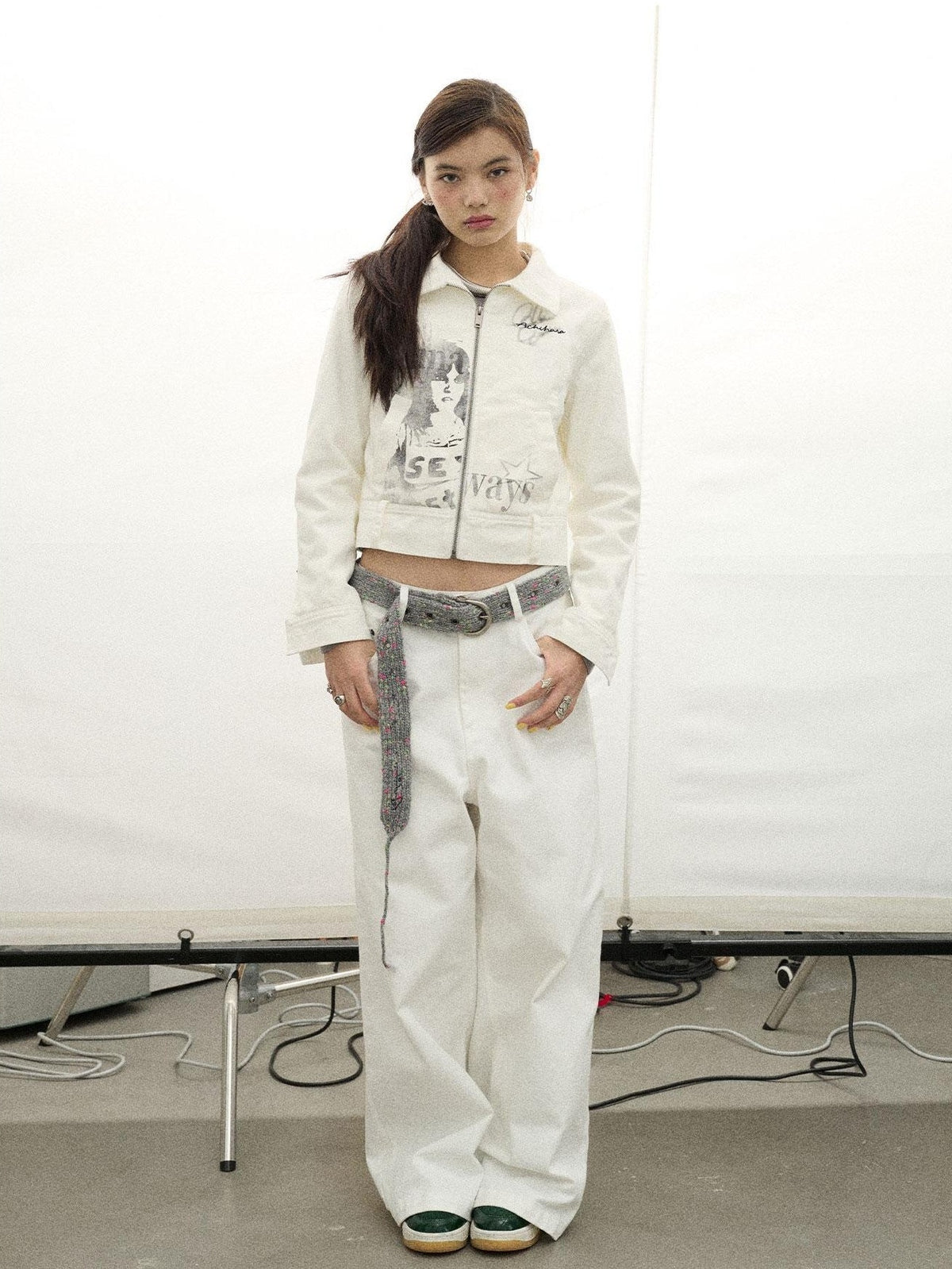 Achihara Print Fleece Lined Stand Collar Cotton Denim Women&