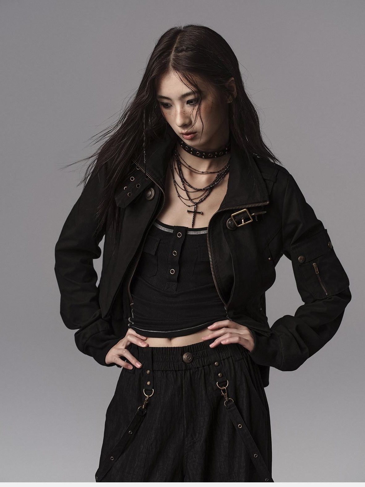 Low pixel Windproof Vintage Slim Metal Detail Women Cotton Lyocell Button Cropped Jackets