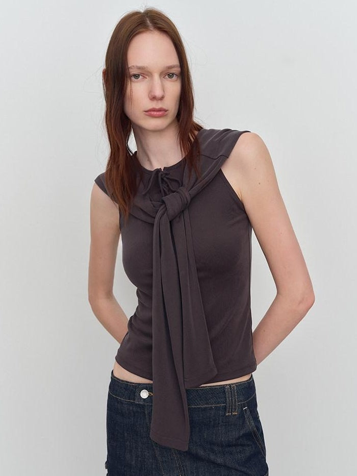 RUN TO THE FUTURE Original Design Tie Detail Slim Fit Modal Blend Women Two Piece Solid Tank Tops