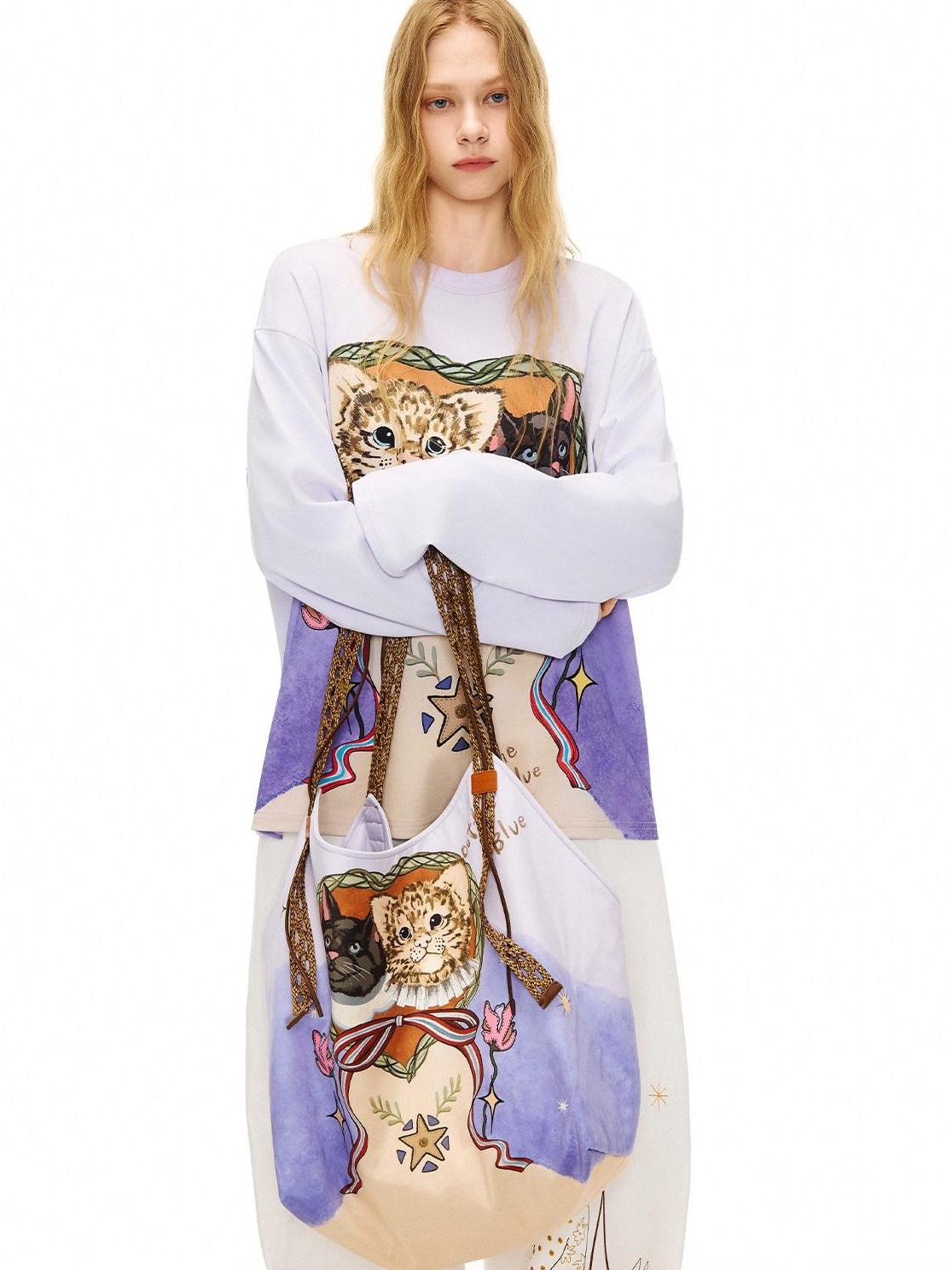 OuttheBlue Cute Cat Print Light Purple Roomy Square Double Strap Shoulder Women Tote Bags
