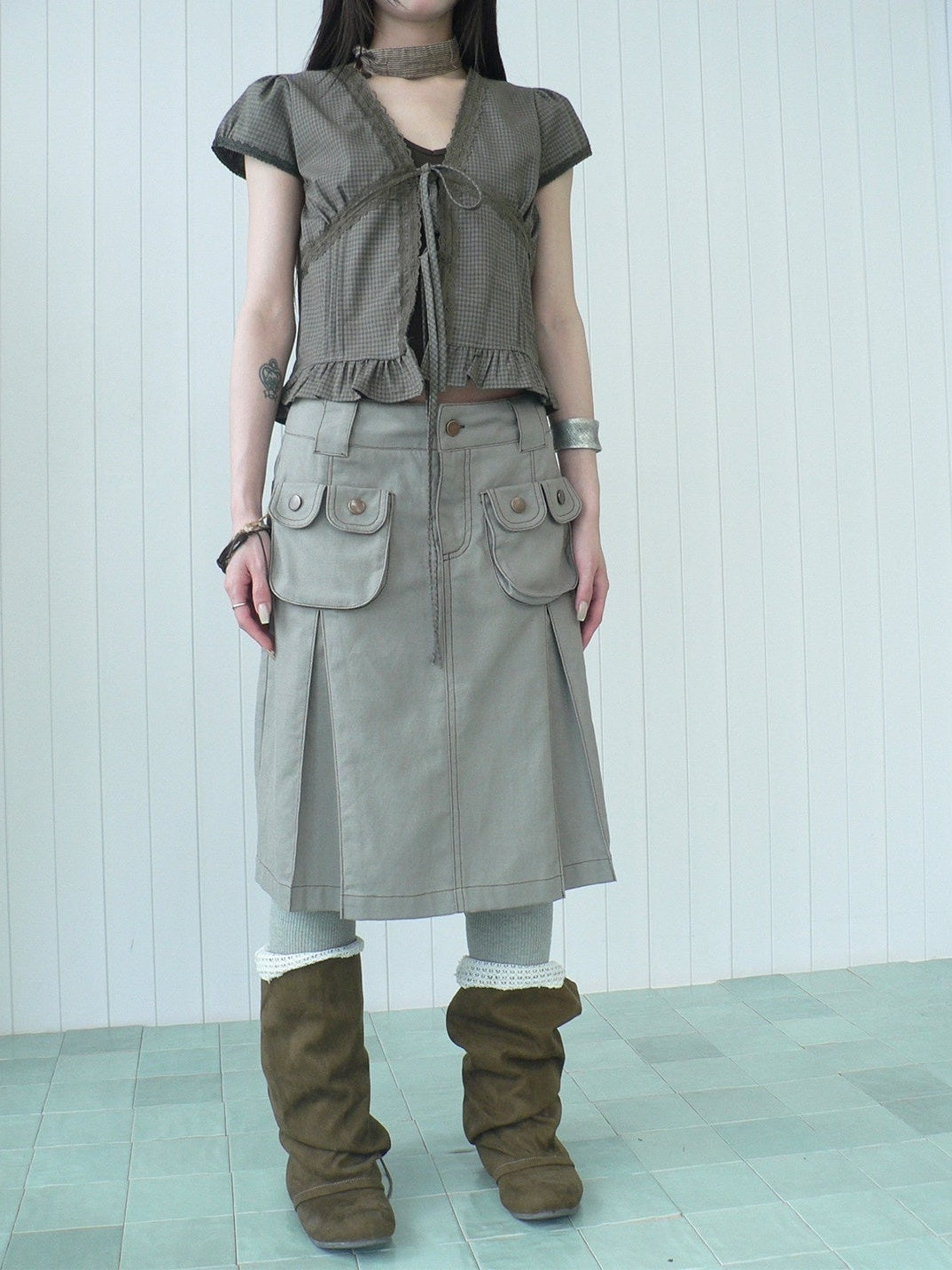 ang project Light Gray Exposed Stitch Pleated 3D Pocket Vintage Women&