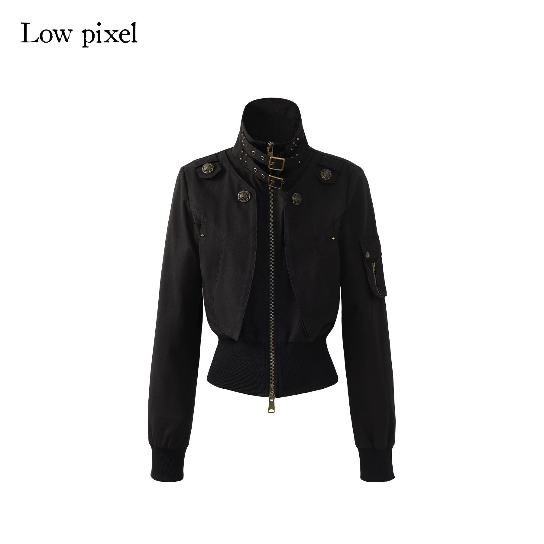 Low pixel Plush Lined Waist Cinch Dark Goth Slim Fit Women Zip High Collar Cropped Jackets
