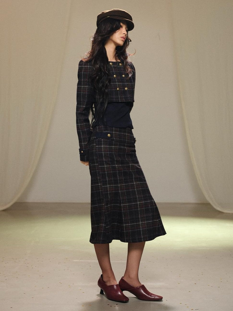 lvetong Plaid Wool Blend Cropped Jacket Long Sleeve Fishtail Skirt Women&