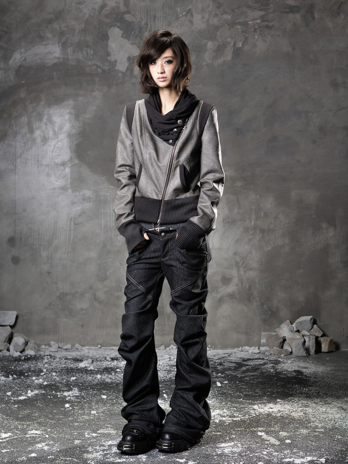 ARIADNAw Black Denim Punk Double Waistband Curved Stacked Texture Women&