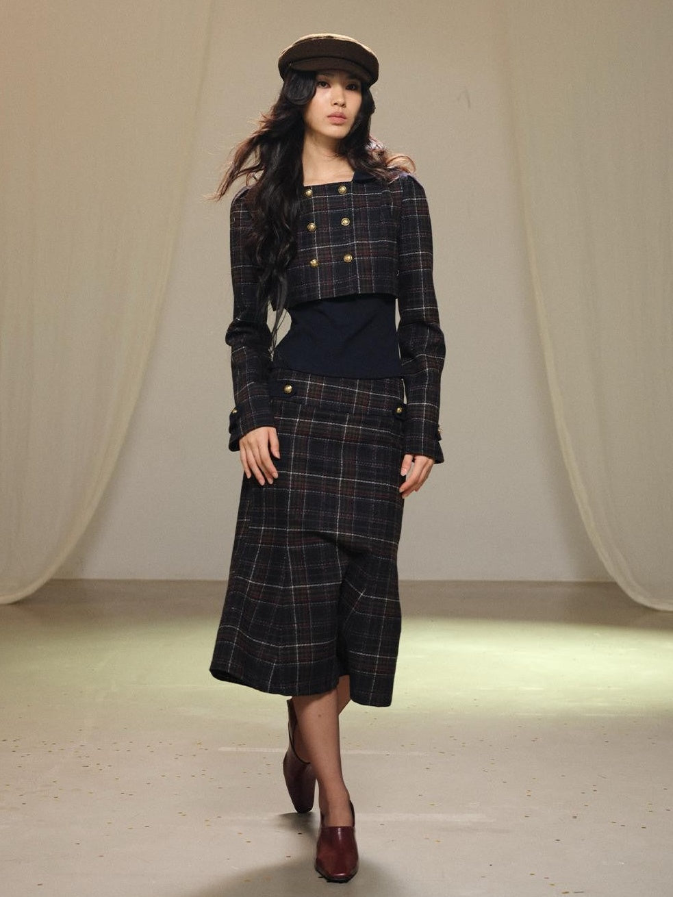 lvetong Plaid Wool Blend Cropped Jacket Long Sleeve Fishtail Skirt Women&