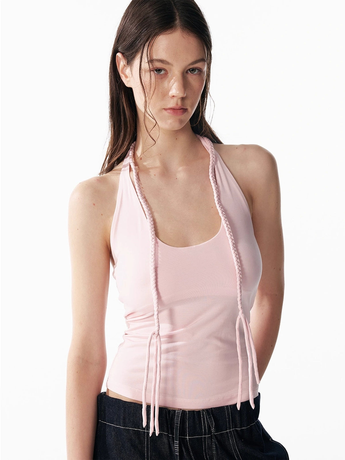 ALINNV Hand Knitted U Neck Tie Backless Slim Camisole Tank Top/Camisole