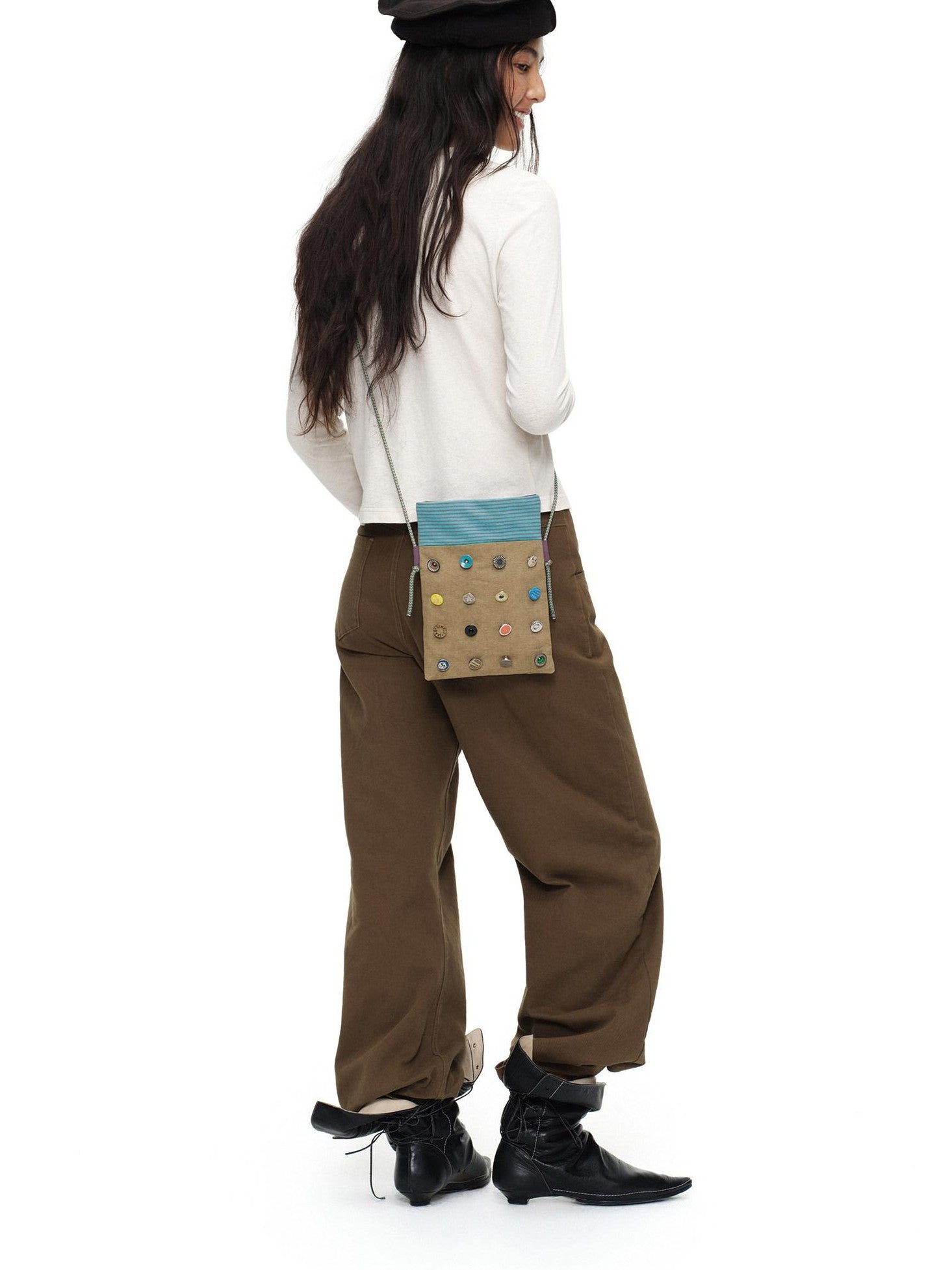 oinimi Khaki Stripe Button Badge Studded Square Women&