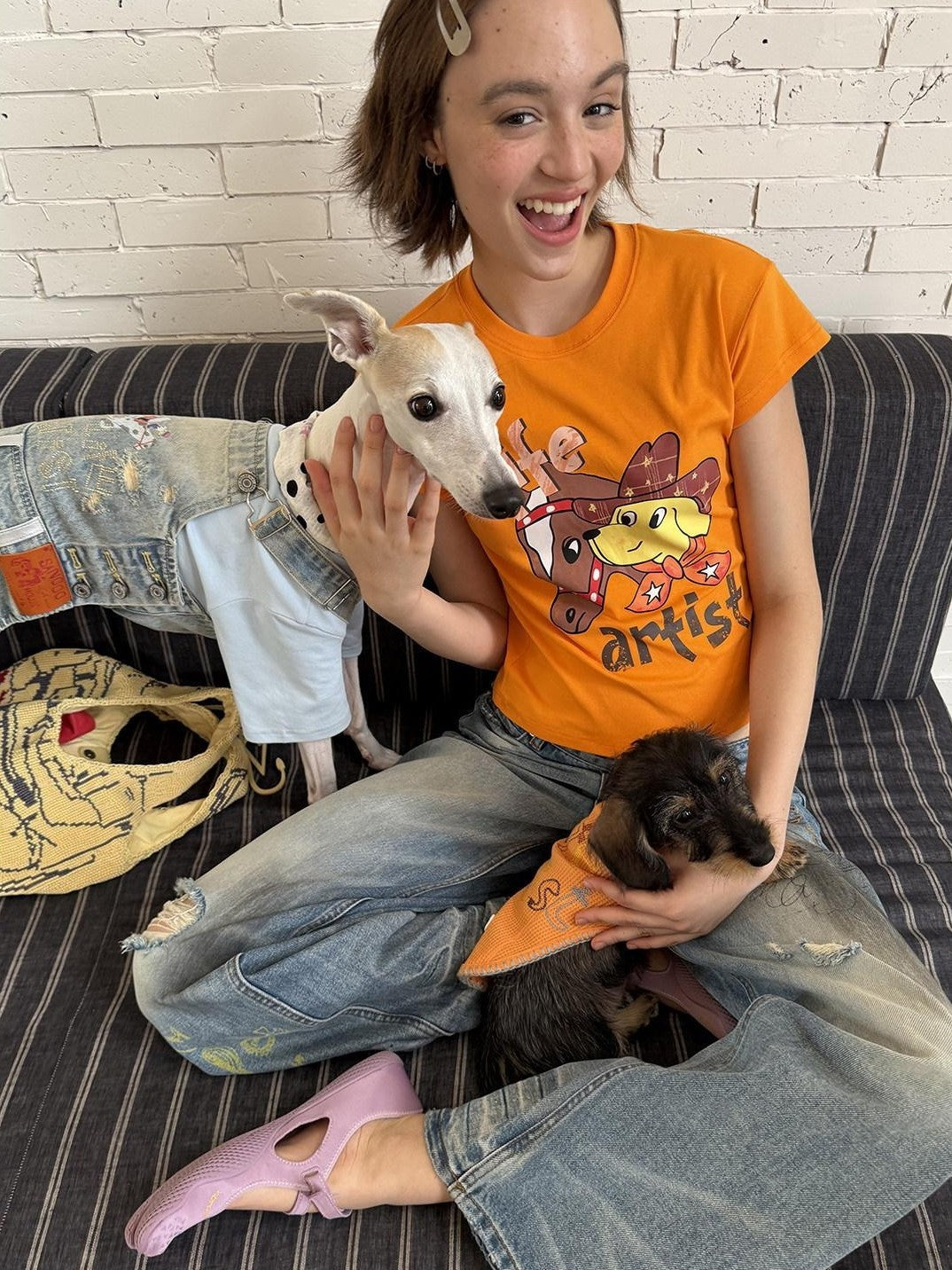 sancco house Denim Puppy Illustration Print Crop Crew Neck Women&
