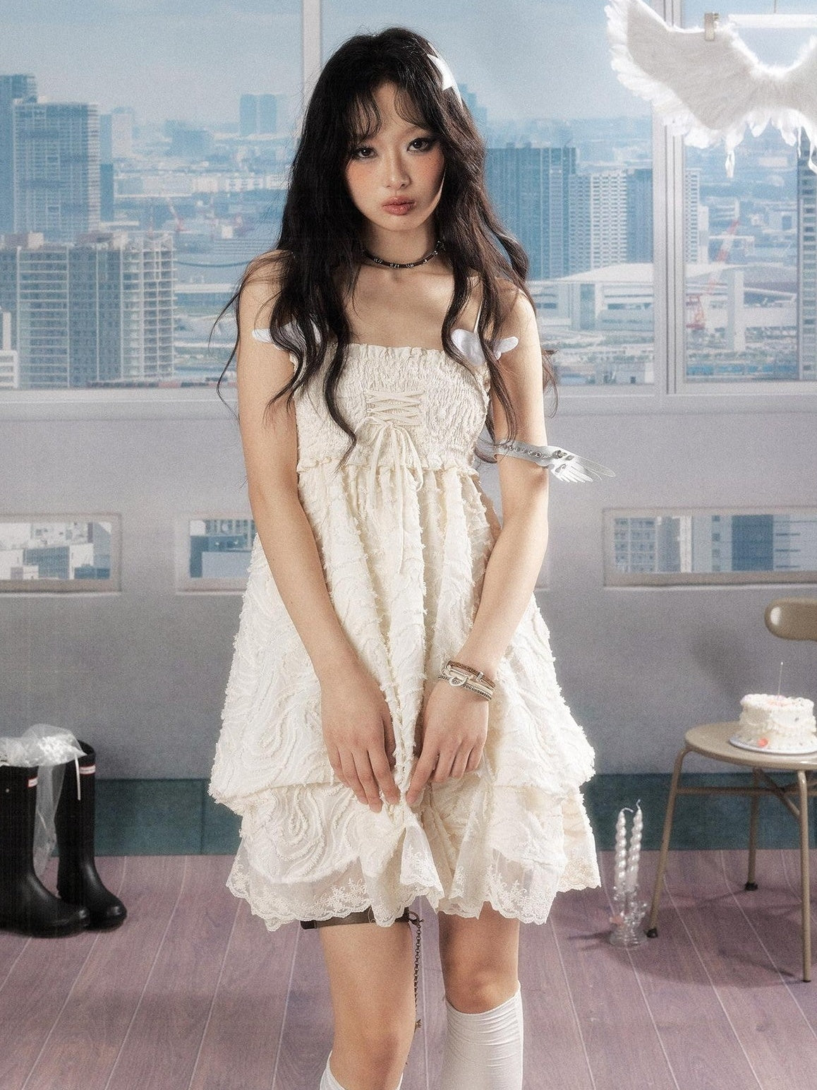 ALL iN plan Ivory Lace Panel Shirred Ruching Women&