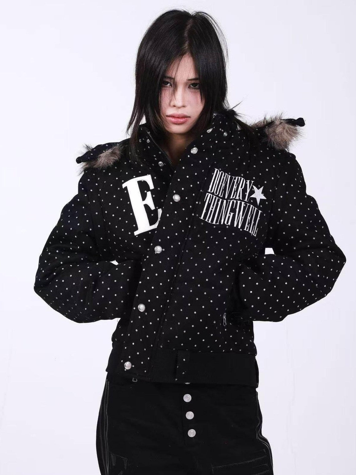 DETW onLine Black Polka Dot Detachable Sleeves Hooded Women&