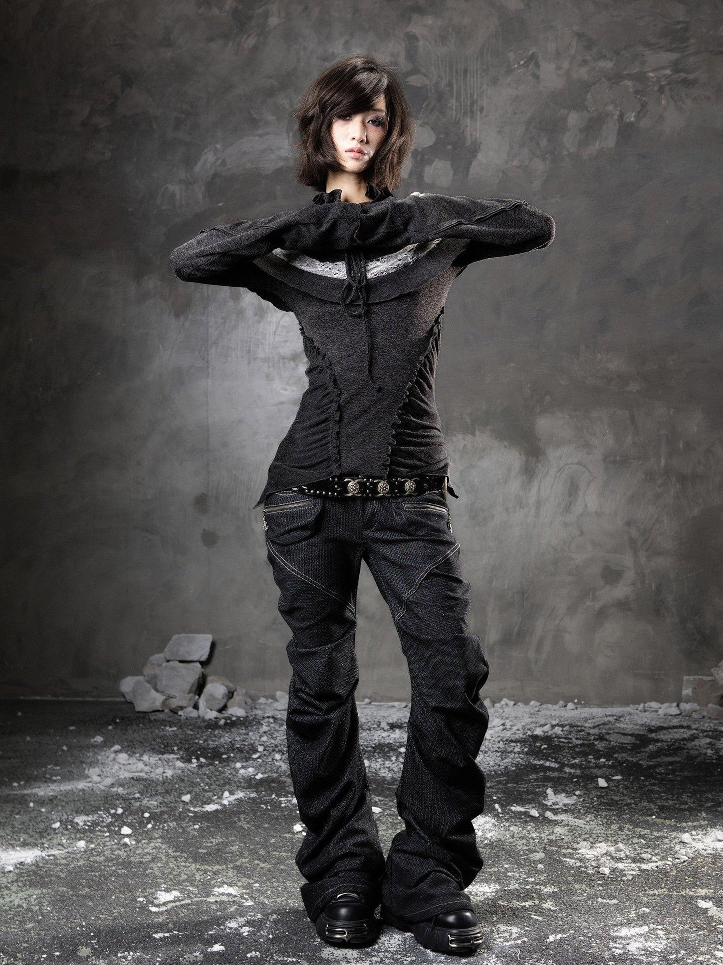 ARIADNAw Black Denim Punk Double Waistband Curved Stacked Texture Women&