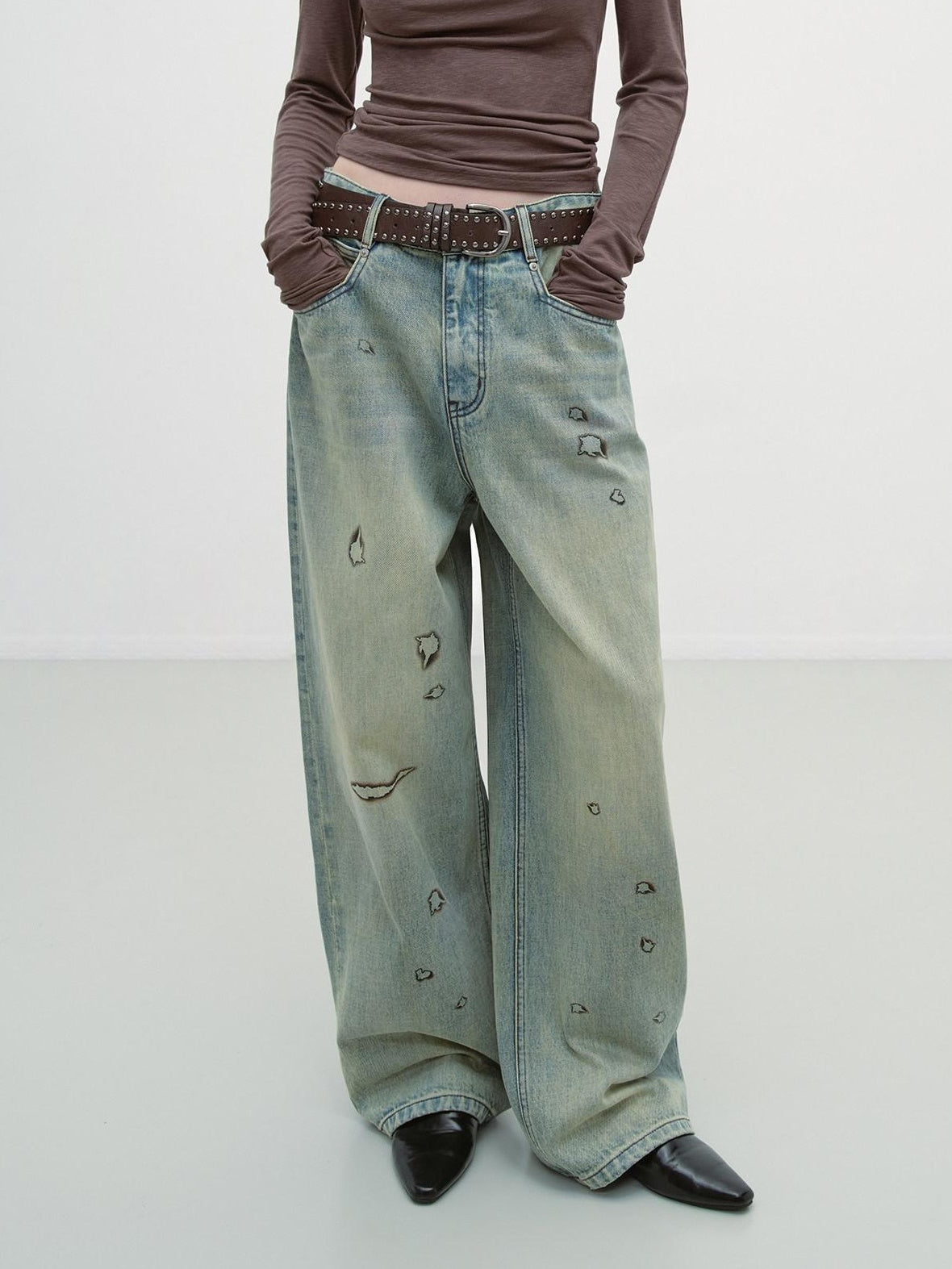 RUN TO THE FUTURE Durable Washed Low Rise Asymmetrical Vintage Unisex Printed Denim Wide-Leg Jeans